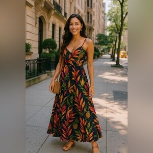 New Look Tropical Smocked Maxi Dress Boho Vacation Chic Lightweight Resortwear